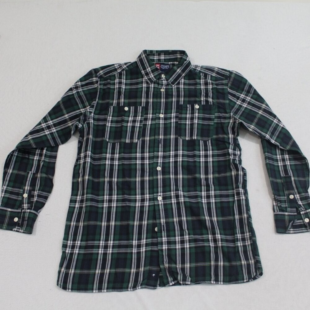 Chaps Plaid Button Down Shirt Boys L (14-16) Green Excellent Long Sleeve Top